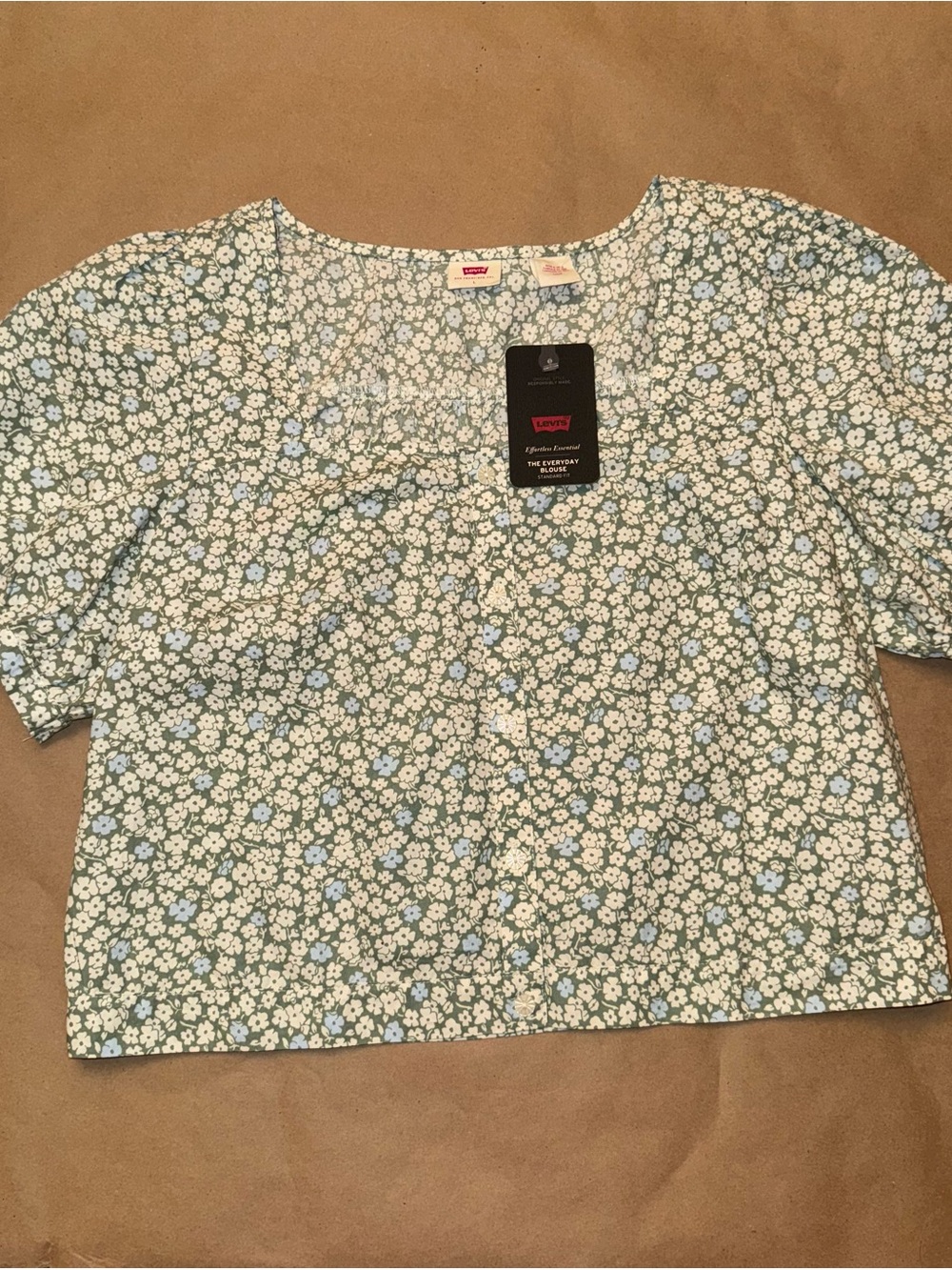 Levi's Sage Green and White Floral Crop Top with Light Blue Accents